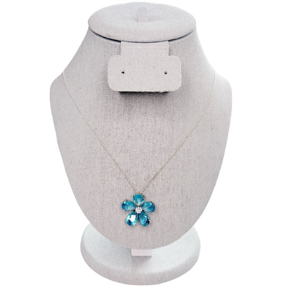 Italy 925 Sterling Silver Blue Topaz CZ Plumeria Flower Necklace 18” - Picture 1 of 8